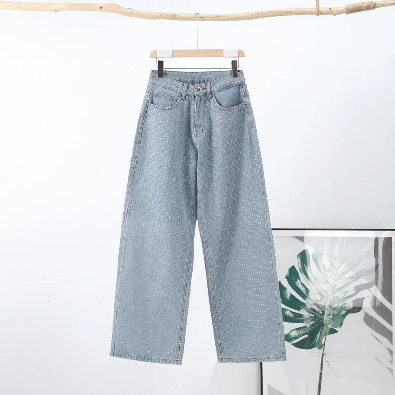 Y2K Shiny Rhinestone Wide Leg Jeans – High Street Full Diamond Denim for Women