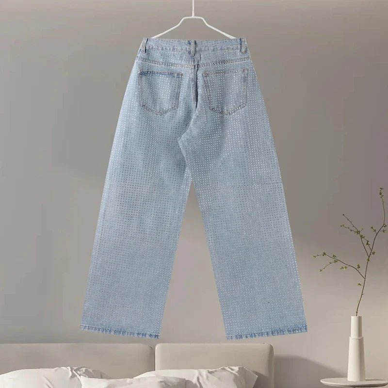 Y2K Shiny Rhinestone Wide Leg Jeans – High Street Full Diamond Denim for Women