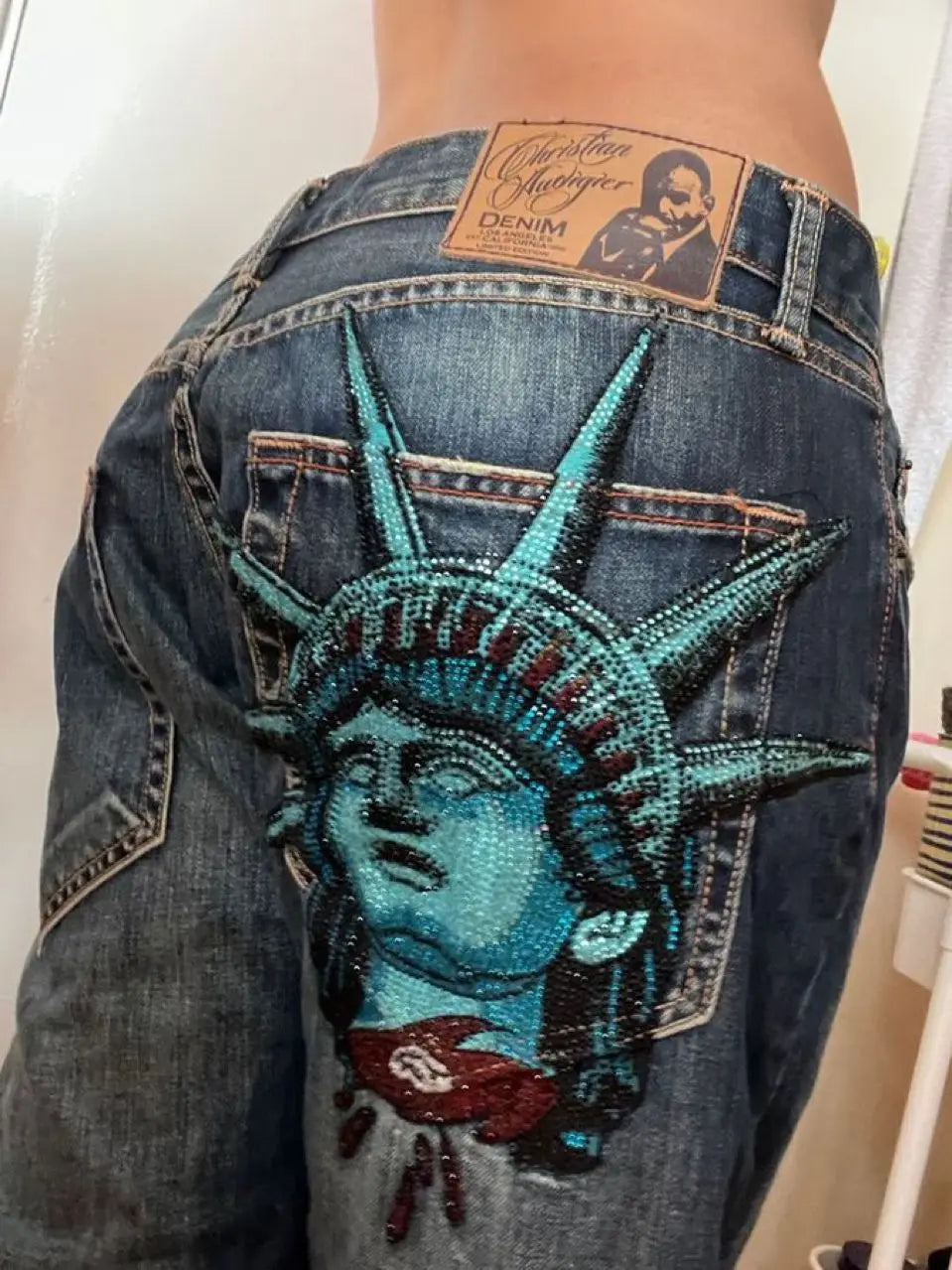 Vintage Statue of Liberty Diamond Jeans – High Waist Wide Leg Y2K Harajuku Denim Pants for Women
