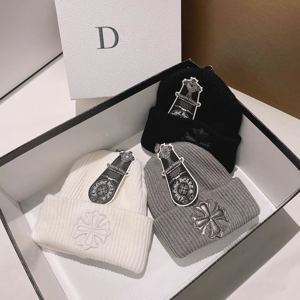 Double-Layer Warm Knitted Wool Hat – Stylish Cross Chrome Hearts Beanie
