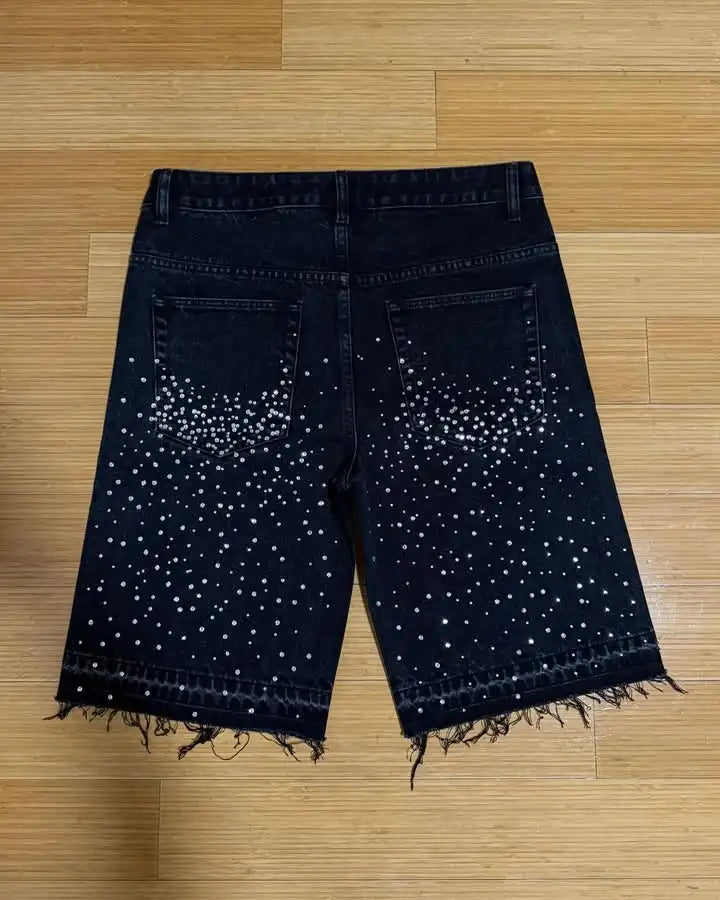 Vintage Cross Rhinestone Denim Shorts – Y2K Retro Baggy Harajuku Hip Hop Black Jeans for Men