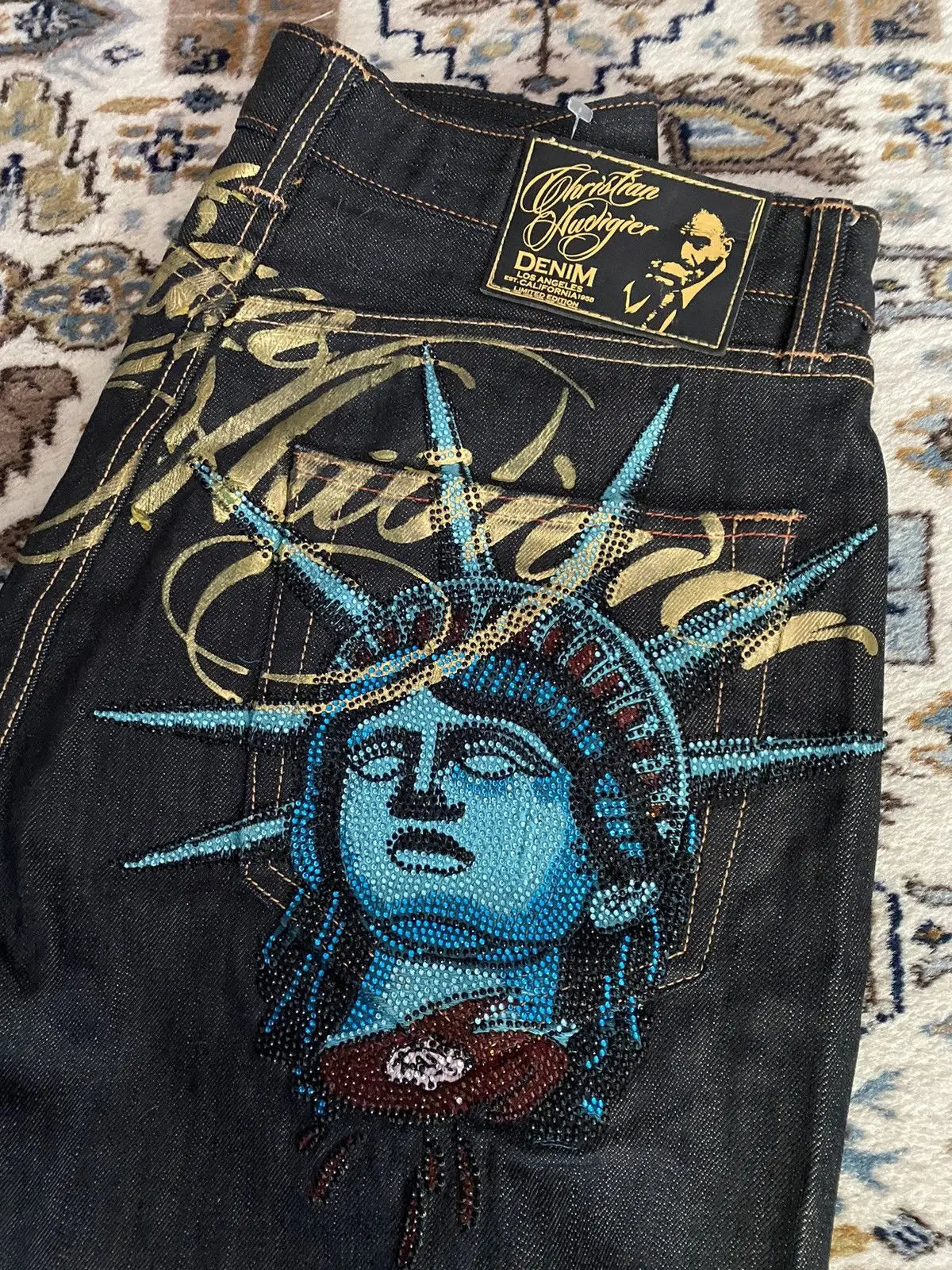 Vintage Statue of Liberty Diamond Jeans – High Waist Wide Leg Y2K Harajuku Denim Pants for Women