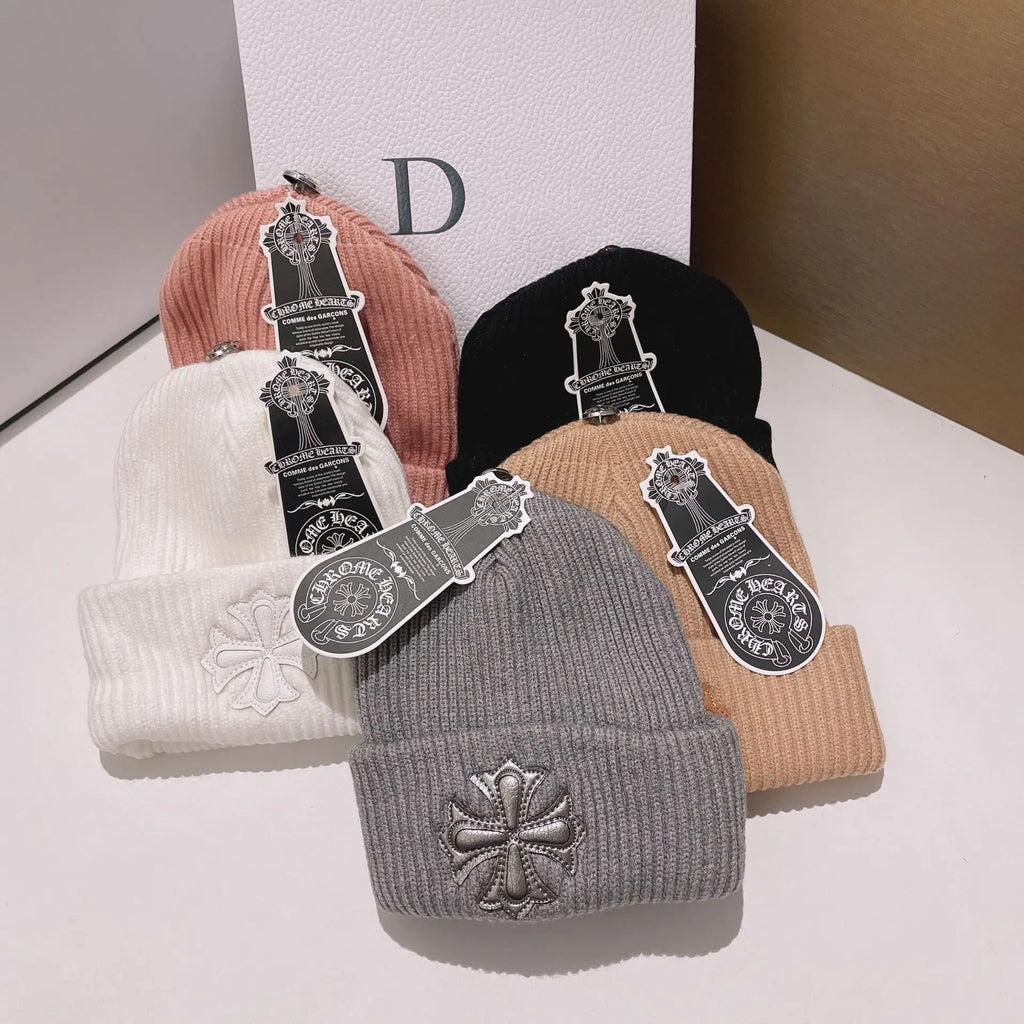 Double-Layer Warm Knitted Wool Hat – Stylish Cross Chrome Hearts Beanie