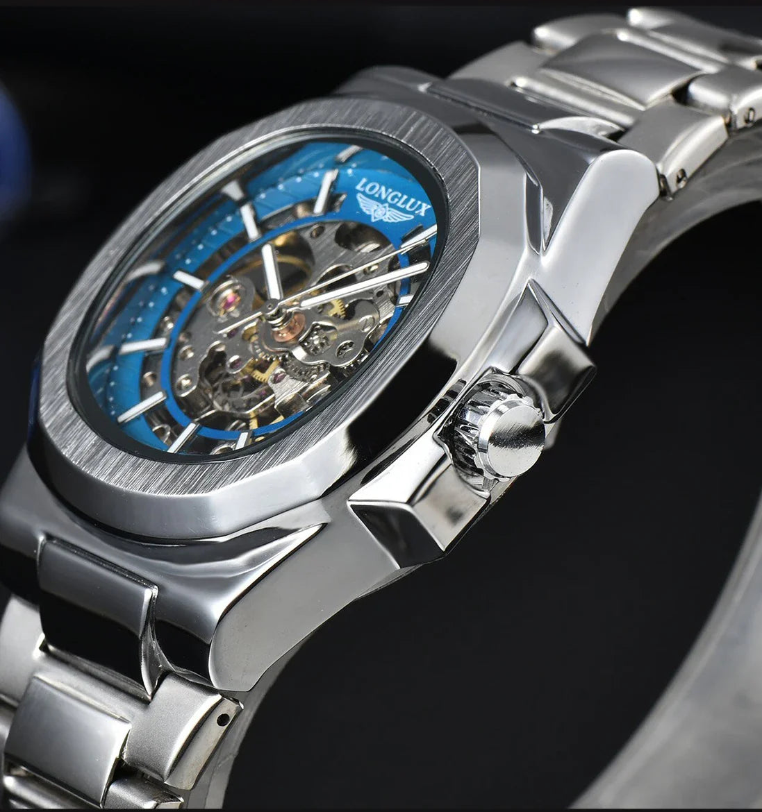 LONGLUX Luxury Automatic Skeleton Watch – Stainless Steel Waterproof Mechanical Timepiece for Men