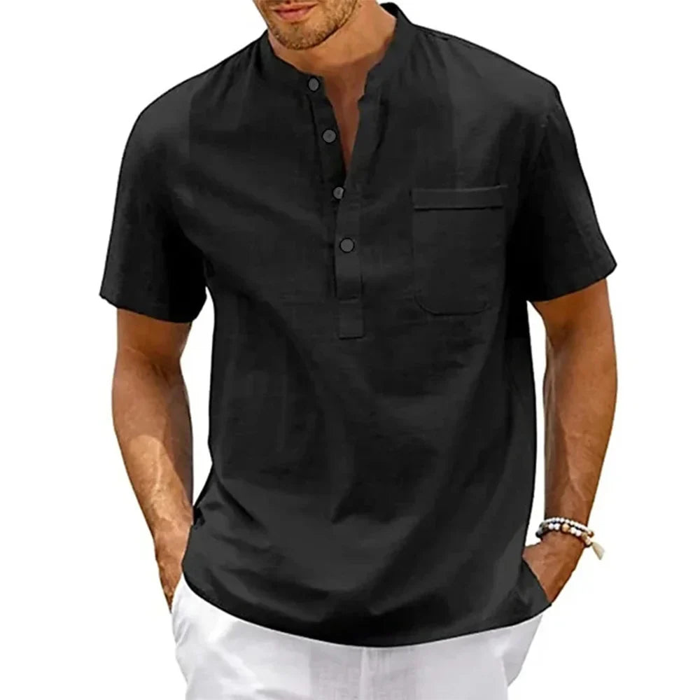Men’s Cotton Linen Henley Shirt – Casual Vintage Short Sleeve Beach Top with Pocket