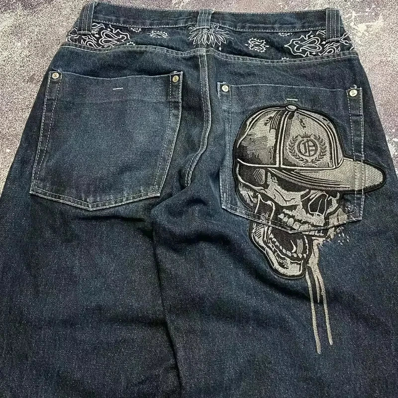 Street Fashion Skull Embroidered Y2K Wide-Leg Jeans – Harajuku Hip-Hop Style