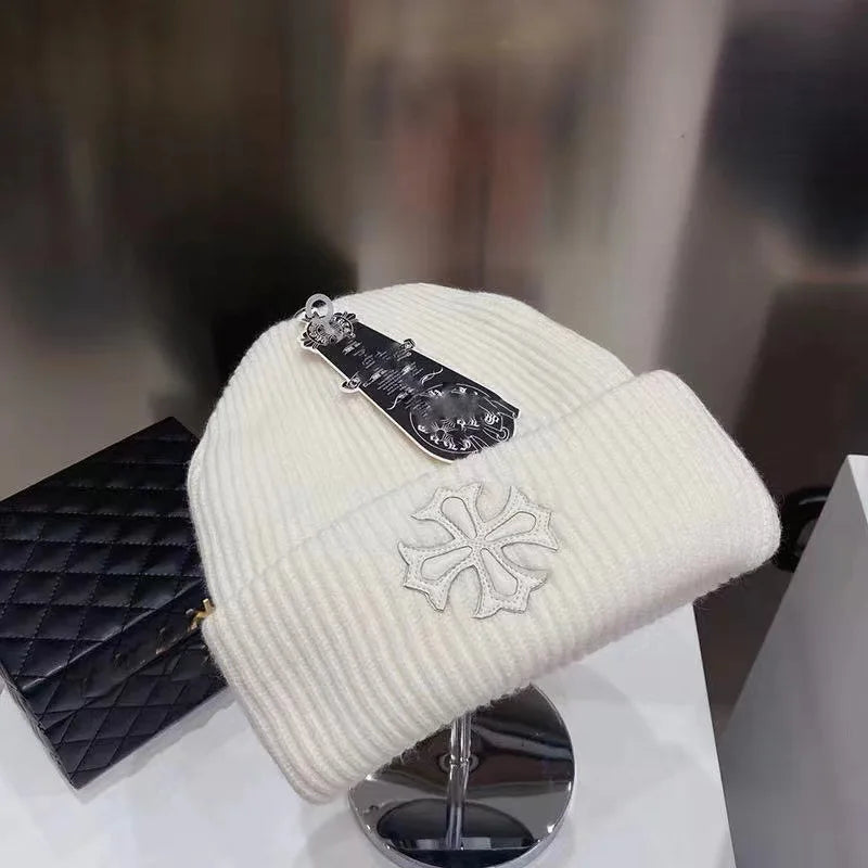 Double-Layer Warm Knitted Wool Hat – Stylish Cross Chrome Hearts Beanie
