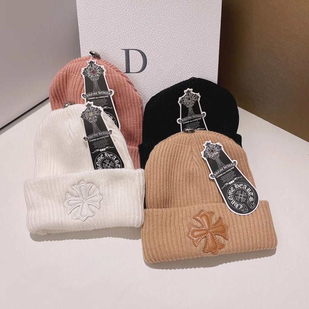 Double-Layer Warm Knitted Wool Hat – Stylish Cross Chrome Hearts Beanie