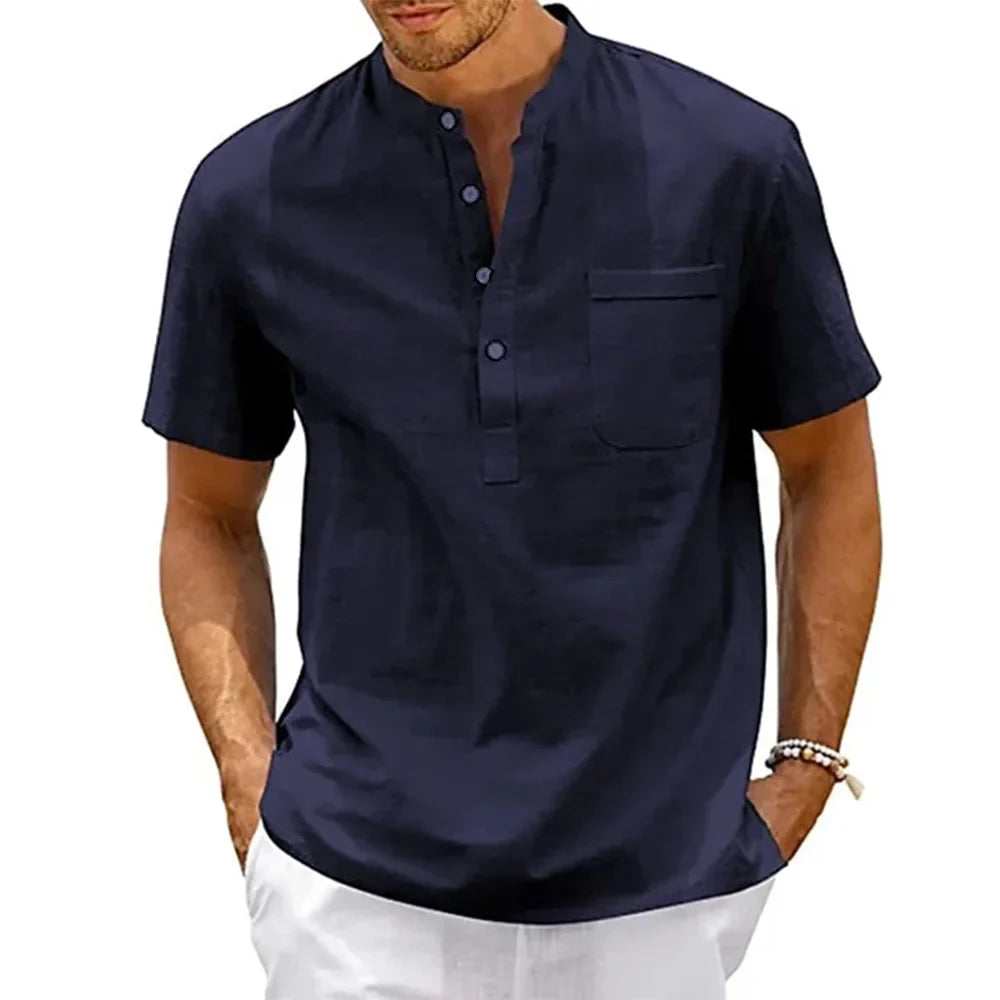 Men’s Cotton Linen Henley Shirt – Casual Vintage Short Sleeve Beach Top with Pocket