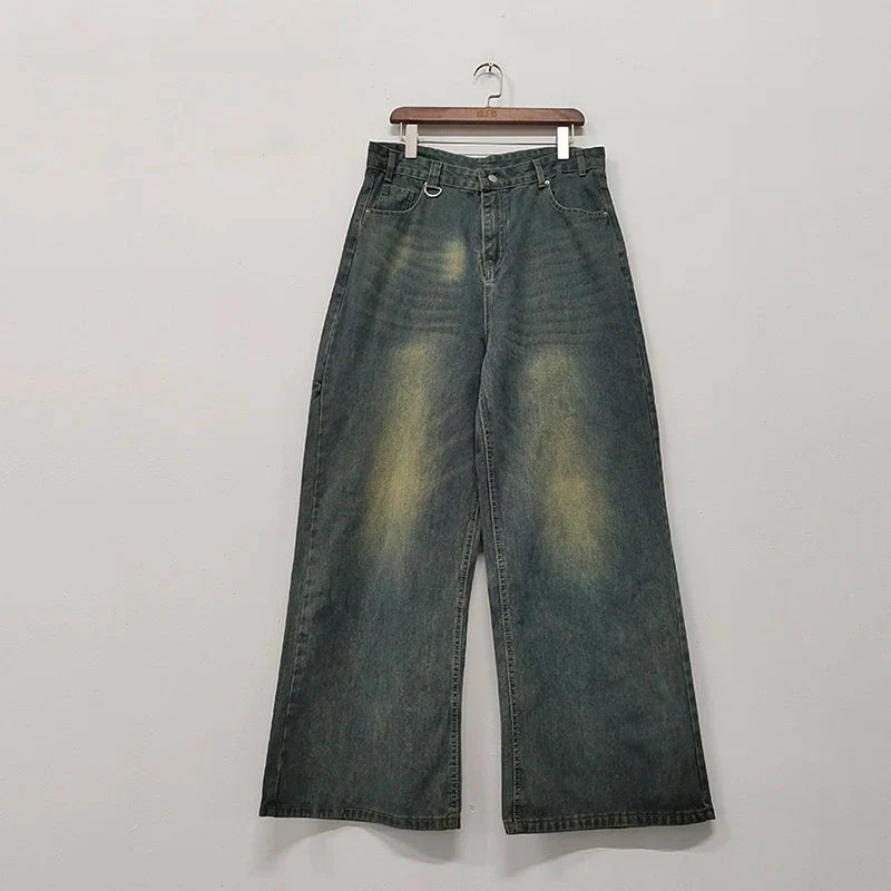 Washed Denim Pants – Loose Wide-Leg Straight Jeans for Men | 2024/2015 Retro Streetwear