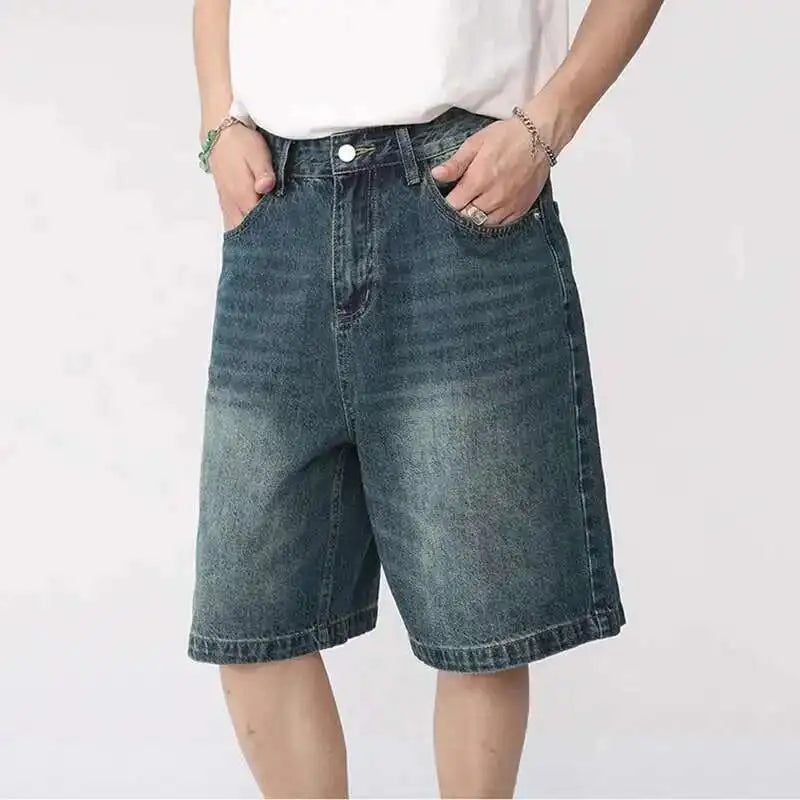 Summer Denim Shorts – Retro Washed Loose Fit Korean Streetwear for Men