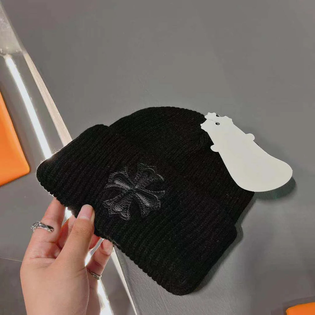 Double-Layer Warm Knitted Wool Hat – Stylish Cross Chrome Hearts Beanie