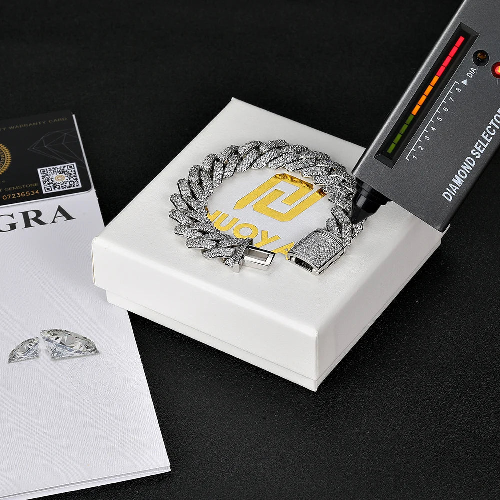 Miami Cuban Link Bracelet – Luxury 925 Silver Pulseira Masculina com Pedras VVS Moissanite | GRA Certified Iced-Out Dripication