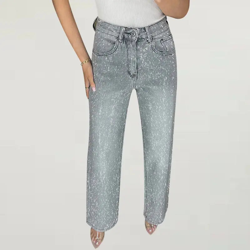 Y2K Shiny Rhinestone Wide Leg Jeans – High Street Full Diamond Denim for Women